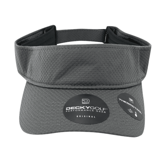 A grey dimple patterned sun visor featuring a logo and tags, designed for performance gear.