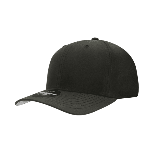A black, structured six-panel mid-profile cap with a curved brim and a branding logo on the front.