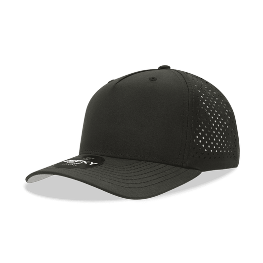 A black 5-panel mid-profile cap with a perforated design and an adjustable strap at the back.