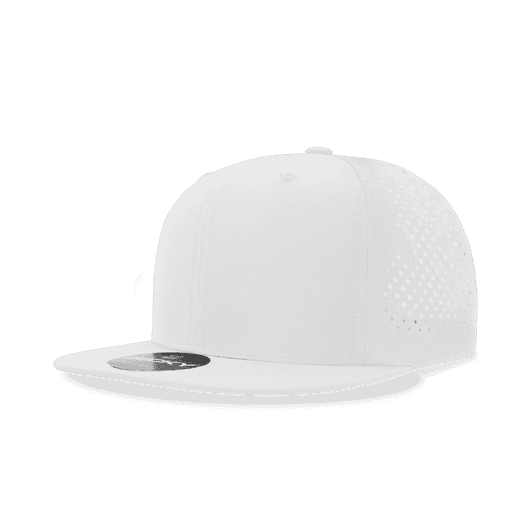 A white 6 panel high profile snapback cap with perforated detailing and a flat brim, featuring a logo.