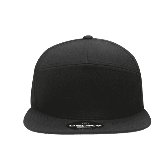 A black high profile structured cap with a flat brim and a logo on the visor.