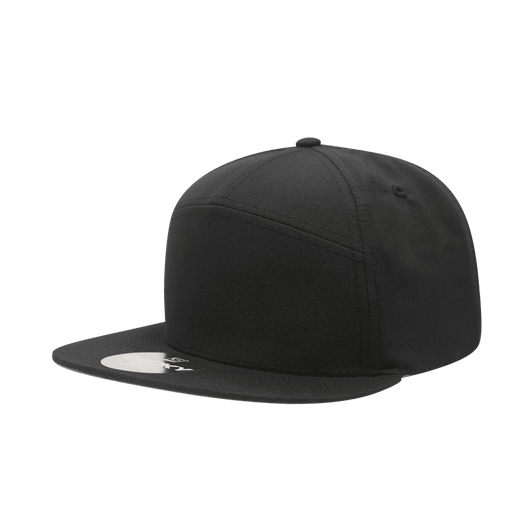 A black 7 panel high profile structured cap with a flat brim and a logo on the side.