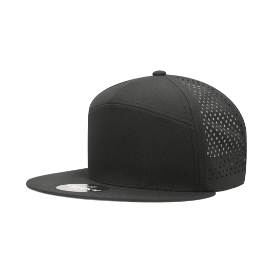 A black seven-panel high-profile cap with a solid front and perforated sides, featuring a flat brim.