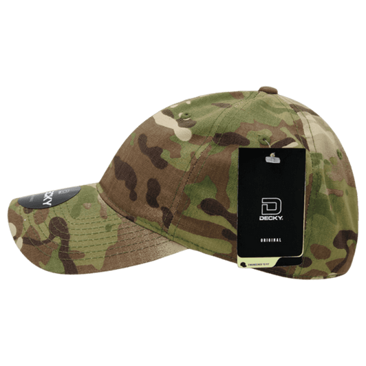 A camouflaged cap in shades of green and brown, featuring a branded tag on the side.