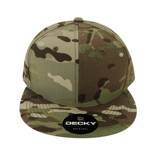 A multicoloured snapback cap features a camouflage pattern and has a logo on the front.