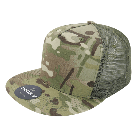 A camouflage 5-panel trucker cap featuring a mesh back and a logo on the front.