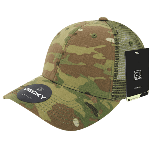 A structured trucker cap in MULTICAM camo pattern, featuring a mesh back and a logo badge.