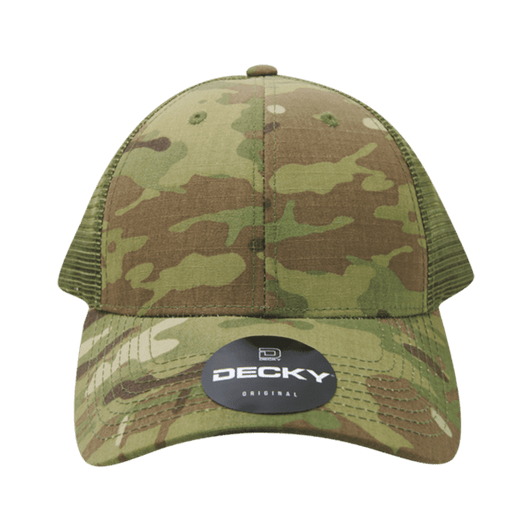 A MULTICAM structured trucker cap in green and brown camouflage with a branded logo on the front.