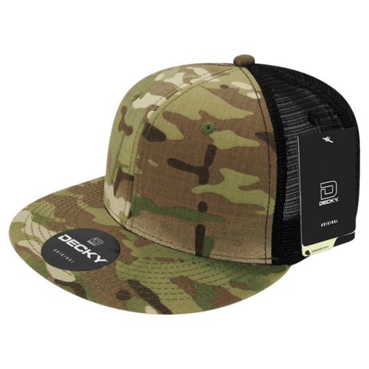A trucker cap in MULTICAM camouflage pattern, featuring a black mesh back and a logo on the side.