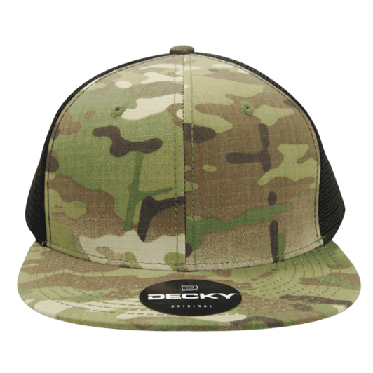 A camouflage trucker hat featuring a patterned front and a black mesh back, complete with a logo on the brim.