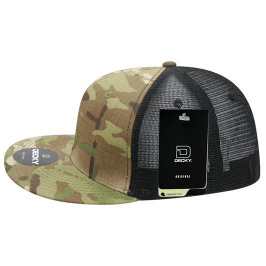 A MULTICAM H/C Trucker cap featuring a camouflage front and a black mesh back, with a tag attached.