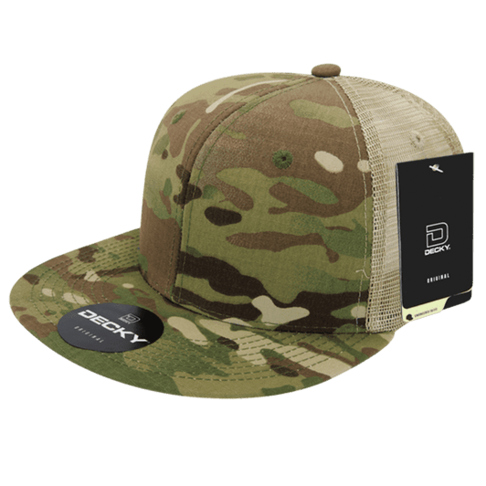 A camouflage trucker cap with a flat brim and mesh back, featuring a logo on the front and a hang tag.