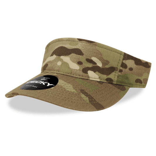 A MULTICAM visor in earthy tones with a soft fabric and a logo on the front.