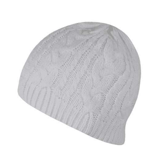 A white knit beanie with a textured cable design and a snug fit. It features a small logo on the side.