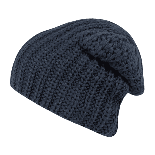 A cozy navy knit beanie with a textured pattern and a relaxed fit. It has a logo on the side.