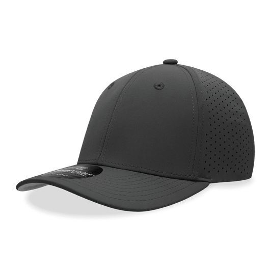 A six-panel mid-profile perforated cap in black with a logo on the side.