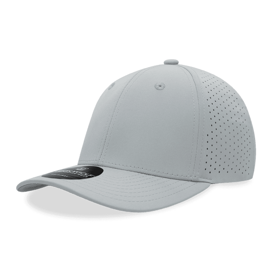 A grey six-panel mid-profile perforated cap with a curved brim and a logo on the front.