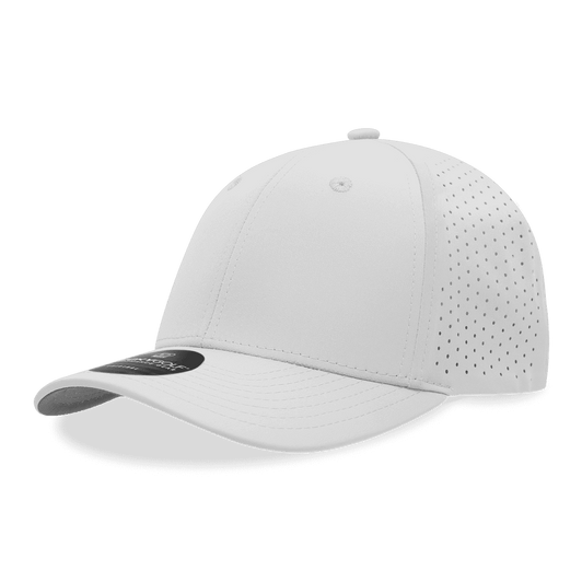 A white perforated cap with a mid-profile design and a curved brim, featuring a logo on the front.