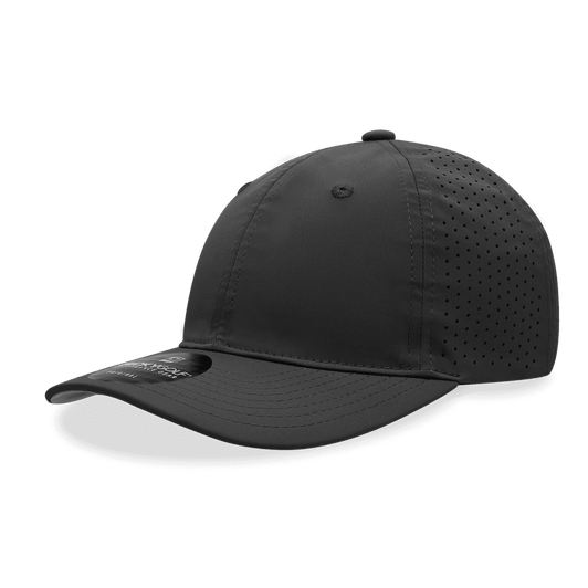 A black 6 panel relaxed perforated cap featuring a solid peak and ventilation holes on the sides.