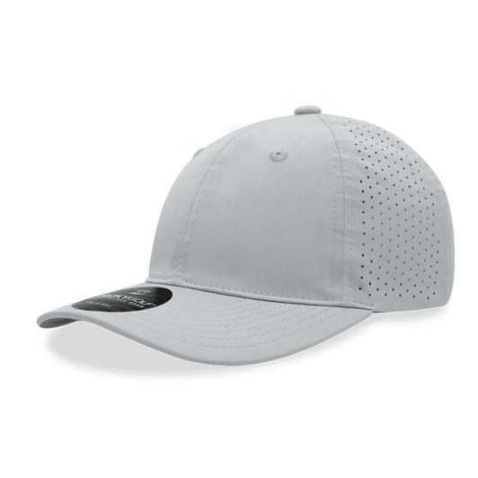 A white 6-panel relaxed perforated cap featuring ventilation holes and a curved brim, with a logo.