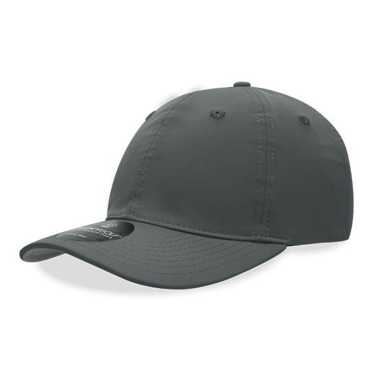 A grey 6-panel mid profile relaxed cap with a curved brim and a logo on the side.