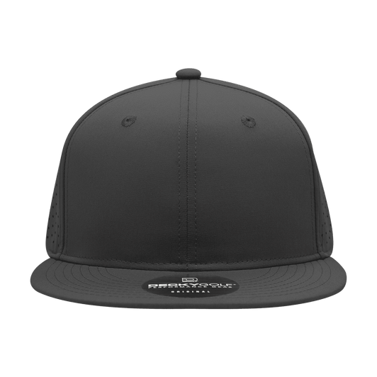 A black high-profile perforated cap featuring a logo on the front and ventilation holes on the sides.