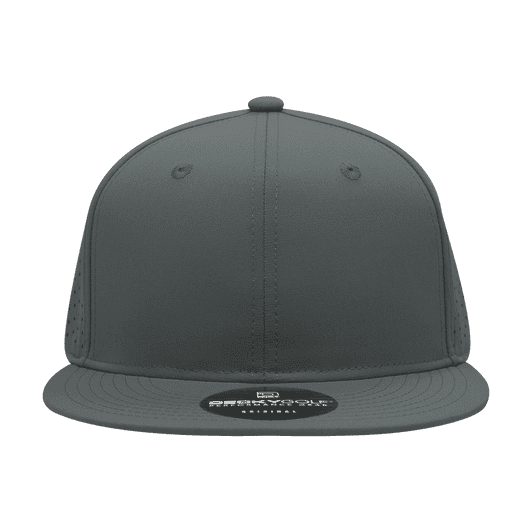 A grey 6 panel high profile cap with perforated sides and a flat brim, featuring a logo on the front.