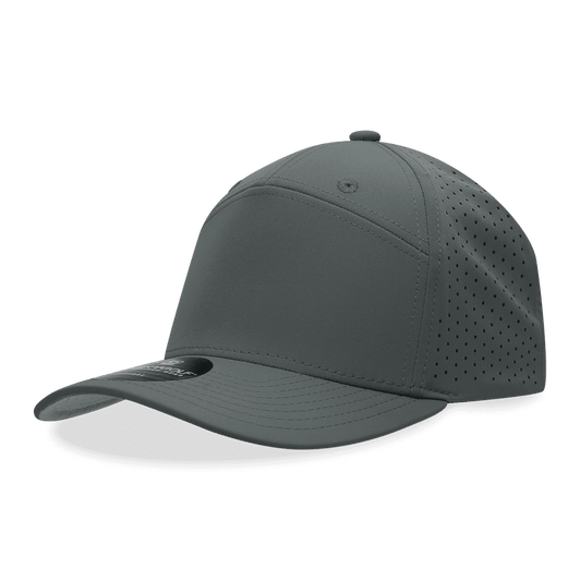 A grey 7 panel perforated cap with a curved brim and a logo on the front.