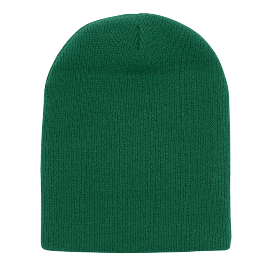 A green watch cap with no cuff, featuring a knitted texture and a rounded top.
