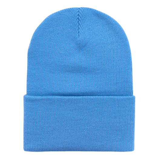 A light blue watch cap with a cuff. The knit material offers a snug fit and includes a logo.