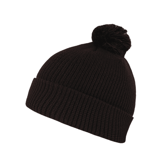 A black acrylic beanie with a pom pom on top, featuring a knitted texture and a folded brim.