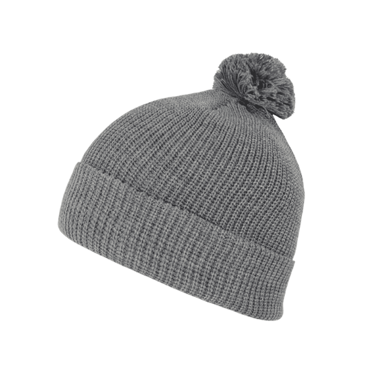 A grey acrylic beanie featuring a pom pom on top and a ribbed texture. It has a branded logo.