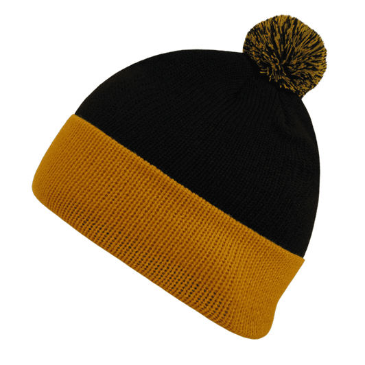 A black and gold beanie with a pom pom on top and a textured band. It features a logo on the side.