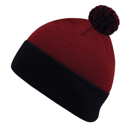 A red and navy beanie featuring a pom pom on top and a fold-over cuff. It has a logo on the cuff.