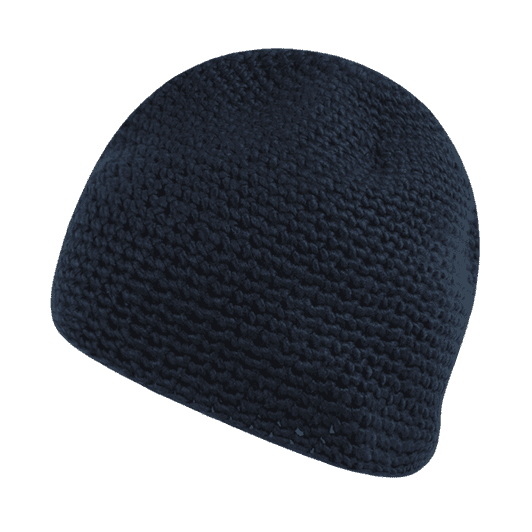 A navy blue knitted beanie with a textured, cosy appearance. It has a rounded shape and an understated style.