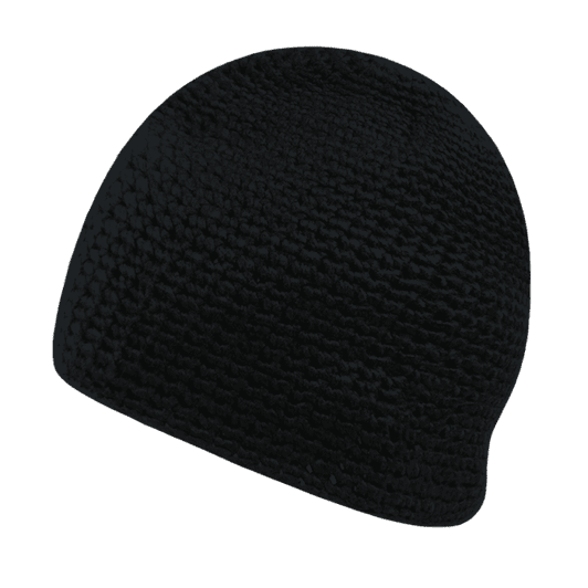 A black knitted beanie with a textured pattern, featuring a logo on the side.