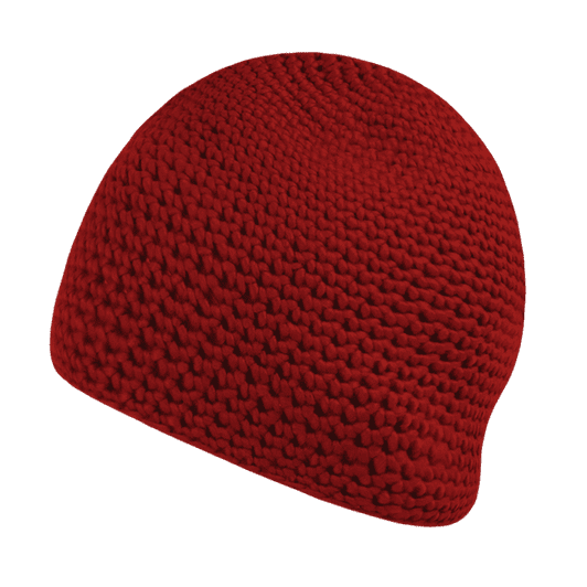 A red knitted beanie with a textured pattern, showcasing its soft and warm material.