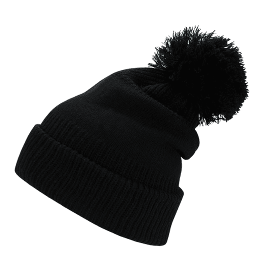 A black beanie with a large pom-pom on top, featuring a ribbed cuff. It has a logo on its side.