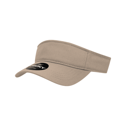 A beige kids visor with a wide brim and an adjustable strap at the back. It features a logo on the front.