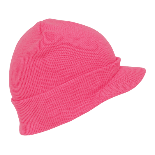 A neon pink beanie hat with a folded brim and a textured knit design. It features a small branding logo.