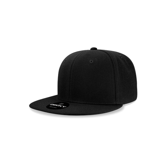 A black high-profile structured snapback cap with a flat brim and a logo on the front.