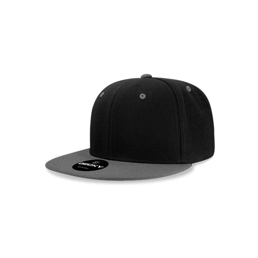 A black and grey snapback cap with a structured high profile and a logo on the front.