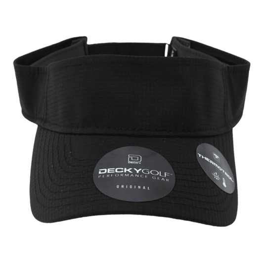A black sun visor with a textured pattern and a logo patch. It features an adjustable strap at the back.