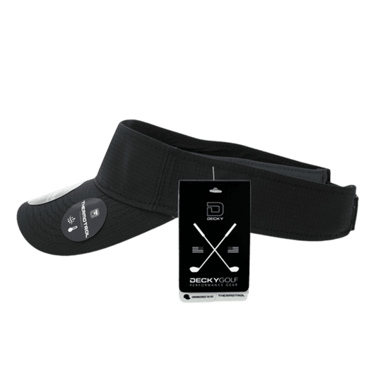 A black sun visor with an adjustable strap, featuring a logo and a tag attached for branding.