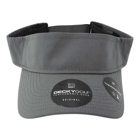 A grey sun visor with a textured pattern and a logo, featuring a branded tag on the front.