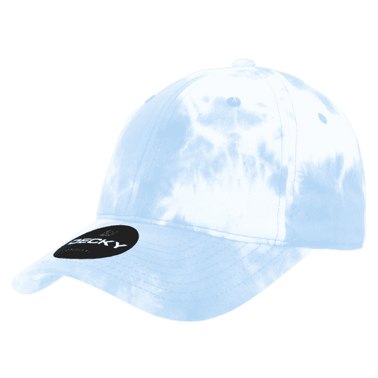 A tie-dye dad hat in light blue with a curved brim and an adjustable strap. It features a logo on the front.
