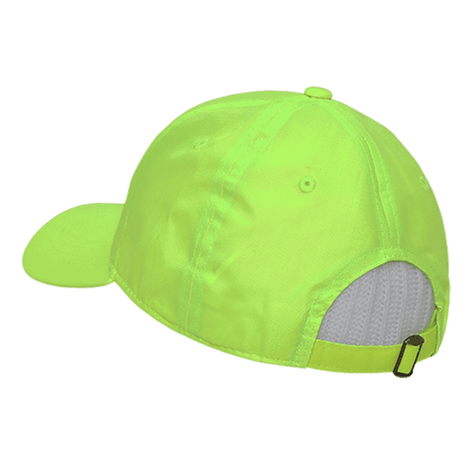 A neon yellow cap with a structured design, featuring a back mesh panel and an adjustable strap.