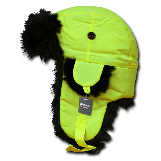 A neon yellow aviator hat featuring a faux fur trim and an adjustable strap. It has a logo on the tag.
