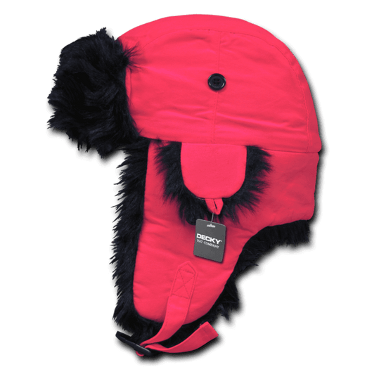 A neon pink aviator hat featuring black faux fur accents and a button detail. It includes a hang tag.