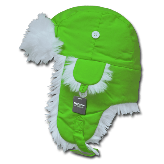 A bright green aviator hat with white faux fur trim and button details, featuring a logo tag.